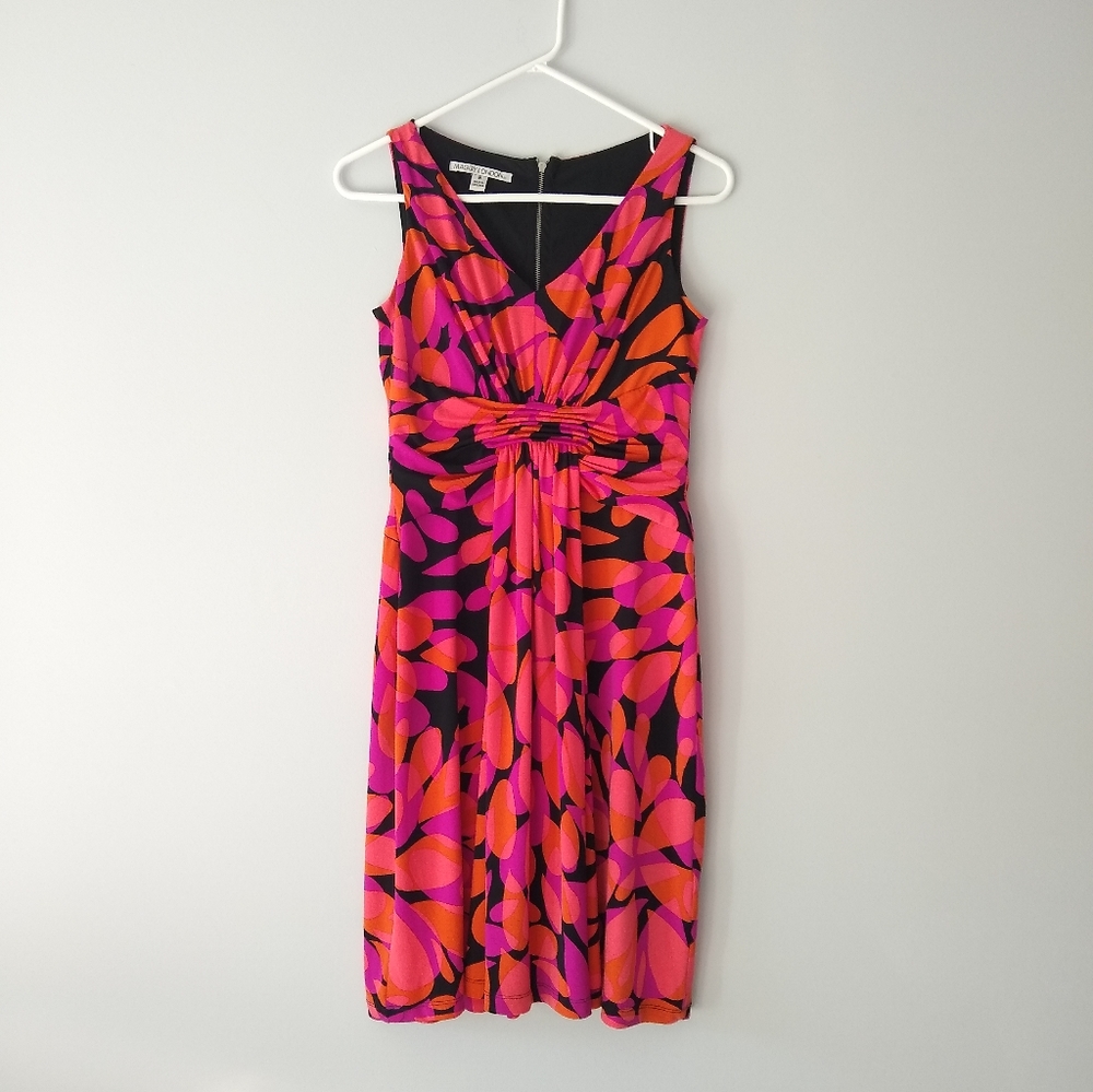 Maggy London Sleeveless V Neck Ruched Sheath Dress, Pink Orange & Black Print, 8